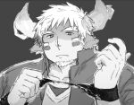  1boy animal_ears armband bara cow_boy cow_ears cow_horns facial_hair fiery_horns forked_eyebrows gakuran glaring glowing_horns goatee greyscale haishiba_ame hands_up horns jitome looking_at_viewer male_focus monochrome school_uniform short_hair sideburns_stubble solo spiked_hair tearing_clothes thick_eyebrows tokyo_afterschool_summoners torn_clothes upper_body wakan_tanka 