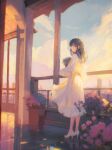  1girl absurdres black_hair bouquet building closed_mouth cloud dress evening flower full_body high_heels highres holding holding_bouquet indoors medium_hair original plant potted_plant saisho_(qpoujr) scenery sky solo standing white_dress white_footwear 