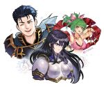  1boy 2girls ;d armor ayra_(fire_emblem) bare_shoulders black_hair blue_eyes blue_hair bow bracelet breastplate commentary crop_top earrings fire_emblem fire_emblem:_genealogy_of_the_holy_war fire_emblem:_the_blazing_blade green_eyes green_hair hair_bow hector_(fire_emblem) jewelry lene_(fire_emblem) long_hair meziosaur multiple_girls one_eye_closed open_mouth pauldrons pink_bow short_hair shoulder_armor simple_background smile upper_body v-shaped_eyebrows very_long_hair white_background 