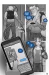 2023 anthro backpack border cellphone comic dialogue door doorbell english_text felid greyscale hi_res holding_object holding_phone janelle_(spincraze) john_(spincraze) male mammal monochrome pantherine phone shadow smartphone solo speech_bubble spincraze stripes text texting tiger white_border 