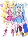  2girls :d ;d ahoge asymmetrical_clothes blonde_hair blue_cape blue_dress blue_eyes blue_hair blush boots cape choker commentary cure_peach cure_sky detached_sleeves dress earrings eyelashes fpminnie1 fresh_precure! gloves gradient_background hair_ornament happy heart heart_earrings heart_hair_ornament highres hirogaru_sky!_precure jewelry knee_boots kneehighs long_hair looking_at_viewer low_twintails magical_girl momozono_love multicolored_hair multiple_girls one_eye_closed open_mouth pink_choker pink_dress pink_eyes pink_footwear pink_hair precure puffy_short_sleeves puffy_sleeves short_sleeves simple_background sketch smile socks sora_harewataru standing streaked_hair symbol-only_commentary thighhighs thighs twintails very_long_hair white_background white_gloves white_thighhighs wing_hair_ornament wrist_cuffs 