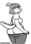  2023 absurd_res anthro artist_name big_butt black_and_white blush bottomwear bottomwear_down breasts bubble_butt butt butt_focus clothed clothing curvy_figure dinosaur dress_shirt dressing eyelashes eyewear female fingers glasses goodbye_volcano_high hadrosaurid hair hi_res long_tail looking_back monochrome naomi_(gvh) oni_senpai_art ornithischian panties pants pants_down parasaurolophus partially_clothed reptile scalie shirt short_hair snoot_game_(fan_game) snout solo spikes spikes_(anatomy) tail teeth topwear underwear voluptuous watermark wide_hips 
