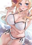  1girl artist_name bare_arms bare_legs bare_shoulders bikini blonde_hair blue_eyes blush breasts cleavage collarbone heart highres honolulu_(kancolle) kantai_collection large_breasts long_hair mizuta_kenji navel one-hour_drawing_challenge open_mouth signature solo swimsuit twintails twitter_username white_bikini 