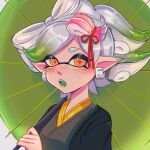  1girl black_kimono earrings green_hair highres holding holding_umbrella japanese_clothes jewelry kimono marie_(splatoon) multicolored_hair open_mouth pointy_ears ruinique short_hair solo splatoon_(series) splatoon_1 star-shaped_pupils star_(symbol) symbol-shaped_pupils teeth two-tone_hair umbrella upper_body white_hair yellow_eyes 