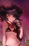  1girl absurdres bikini black_hair black_nails breasts coffee commentary_request drink drinking_straw ekrea_jan elden_ring genderswap genderswap_(mtf) heart heart-shaped_pupils highres horns ice iced_coffee looking_at_viewer missing_eye mohg_lord_of_blood navel red_bikini short_hair small_breasts solo starbucks sweat sweatdrop swimsuit symbol-shaped_pupils wide_hips yellow_eyes 