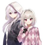  2girls argyle argyle_sweater black_jacket blonde_hair colored_inner_hair hand_in_pocket highres hood hood_up hoodie jacket long_hair madori_(mdr_2434_) makaino_ririmu multicolored_hair multiple_girls nijisanji pink_eyes pink_hair pink_sweater pointy_ears shiina_yuika short_hair simple_background streaked_hair sweater white_background white_hoodie 