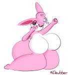  anthro big_breasts big_butt blue_eyes breasts butt dewy-eyedboy featureless_breasts female generation_1_pokemon hair hi_res huge_breasts huge_butt huge_thighs hyper hyper_breasts hyper_butt kneeling nintendo one_eye_closed open_mouth pink_body pink_hair pokemon pokemon_(species) signature simple_background solo text thick_thighs wigglytuff yawn 