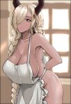  1girl adjusting_apron apron arms_behind_back asymmetrical_bangs azur_lane bare_shoulders blonde_hair blurry blurry_background braid breasts cleavage collarbone dangle_earrings dark-skinned_female dark_skin earrings hair_ornament hair_over_one_eye hair_over_shoulder hairclip hanging_breasts jewelry leaning_forward long_hair looking_at_viewer mole mole_under_mouth naked_apron niceratus_kiotensis one_eye_covered owari_(azur_lane) sideboob smile solo thighs twin_braids very_long_hair white_apron window yellow_eyes 