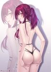  1girl ass back bikini bikini_bottom_only breasts choker grin helloimtea highres honkai:_star_rail honkai_(series) kafka_(honkai:_star_rail) large_breasts long_hair looking_at_viewer looking_back purple_eyes purple_hair smile solo swimsuit thighs topless 