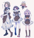  4boys alternate_costume aorta_(kyouki_yori_ai_o_komete) apron arakawa_shuuji black_apron black_bow black_hair black_socks blonde_hair blue_eyes bow chibi closed_eyes crossdressing dress full_body glasses green_hair hairband highres kyouki_yori_ai_o_komete maid maid_headdress male_focus mnmn0406 mole mole_under_mouth multicolored_hair multiple_boys official_alternate_costume pink_hair purple_eyes red_hair saeki_yuusuke seahorse_hair_ornament socks tamura_marshmallow tan white_dress white_hairband 