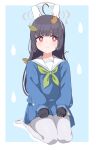  1girl absurdres ahoge animal_ears black_gloves black_hair blue_archive blue_skirt blush closed_mouth crust_gm0 earpiece fake_animal_ears gloves green_neckerchief grey_halo halo highres leaf leaf_on_head long_hair long_sleeves miyu_(blue_archive) neckerchief pantyhose pleated_skirt rabbit_ears red_eyes sailor_collar skirt solo white_pantyhose white_sailor_collar 