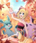  1girl autumn autumn_leaves bare_shoulders blue_eyes blue_sky bracelet day espeon flareon glaceon haru_(haruxxe) highres irida_(pokemon) jewelry light_brown_hair open_mouth outdoors pokemon pokemon_(game) pokemon_legends:_arceus short_hair shorts sitting sky sleeping sleeveless tree 