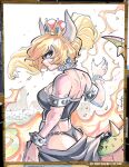  1girl blonde_hair blue_eyes bowsette bracelet chris_metzner collar fire from_behind from_side genderswap genderswap_(mtf) highres jewelry mario_(series) ponytail spiked_bracelet spiked_collar spikes super_crown tail 