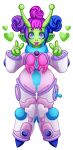 &lt;3 alien alien_humanoid antennae_(anatomy) bibi_bubbles_(dollightful) blue_hair clothed clothing colored dollightful_(copyright) eyebrows female full-length_portrait fully_clothed gesture green_body green_skin hair hi_res humanoid humanoid_pointy_ears multicolored_hair portrait purple_hair shaded solo soulspirited spacesuit v_sign 