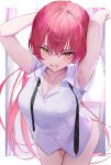  1girl armpits blush breasts cleavage collarbone fang gyoku_seisyoku hair_between_eyes heterochromia highres hololive houshou_marine large_breasts long_hair looking_at_viewer open_mouth red_eyes red_hair see-through shirt skin_fang smile solo virtual_youtuber white_shirt yellow_eyes 