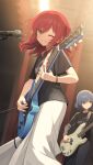  2girls bass_guitar black_shirt blue_hair blurry blurry_background blush bocchi_the_rock! cable_tie dot_nose electric_guitar green_eyes guitar hair_ornament hairclip highres holding holding_instrument holding_paddle indoors instrument kaito_(k4itoh) kita_ikuyo long_skirt looking_at_viewer medium_hair microphone microphone_stand multiple_girls music one_eye_closed one_side_up paddle parted_lips playing_instrument red_hair shirt short_hair skirt smile solo_focus t-shirt white_skirt yamada_ryo 