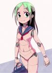  1girl android aqua_eyes bag breasts green_hair holding holding_bag joints long_hair looking_at_viewer navel original parted_bangs robot_joints sailor_collar small_breasts smile solo tommy_region 