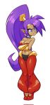  2023 angry bare_shoulders blue_eyes breasts brown_body brown_skin cleavage clothed clothing ear_piercing ear_ring female footwear genie hair hi_res humanoid humanoid_pointy_ears jamoart long_hair not_furry piercing ponytail purple_hair ring_piercing shantae shantae_(series) shoes simple_background solo wayforward white_background 