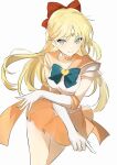  1girl aino_minako back_bow bangs bishoujo_senshi_sailor_moon blonde_hair blue_bow blue_bowtie blue_eyes blush bow bowtie breasts choker closed_mouth crossed_arms elbow_gloves gloves hair_between_eyes hair_bow hands_up heart long_hair looking_to_the_side lpip medium_breasts miniskirt orange_bow orange_choker orange_skirt parted_bangs red_bow sailor_collar sailor_venus shirt simple_background skirt sleeveless sleeveless_shirt smile solo standing star_(symbol) star_choker white_background white_gloves white_shirt 