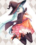  aqua_eyes aqua_hair black_cape black_footwear black_gloves black_headwear black_pantyhose bloomers blowing_kiss cape dress e_(eokiba) fur-trimmed_cape fur-trimmed_gloves fur_trim gloves hat hatsune_miku heart high_heels highres long_hair o3o orange_dress pantyhose twintails underwear very_long_hair vocaloid white_bloomers witch_hat 