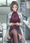 1girl bandaid blurry blurry_background blush bookshelf breasts brown_eyes brown_hair cart closed_mouth crossed_legs cup desk hair_behind_ear kesoshirou labcoat large_breasts looking_at_viewer mask miniskirt mouth_mask original paper red_sweater short_hair sitting skirt sweater thighhighs thighs tissue_box turtleneck turtleneck_sweater window 