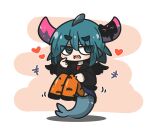  +++ 1girl :d animal_print bat_print black_footwear black_hoodie black_wings blue_eyes blue_hair blue_skirt blush brown_background chibi commentary_request demon_horns fins fish_tail fuka-chan full_body hair_between_eyes hand_up heart highres hood hood_down hoodie horns long_sleeves looking_at_viewer orange_thighhighs original print_thighhighs puffy_long_sleeves puffy_sleeves ringed_eyes shark_tail sharp_teeth shoes short_eyebrows skirt sleeves_past_wrists smile solo tail tail_stand teeth thick_eyebrows thighhighs two-tone_background uni_souchou white_background wings 