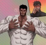  2boys ? aroused_nosebleed bara beard_stubble blush brown_hair chest_hair couple covered_abs dobek_k food_between_pectorals hairy hand_hair highres knuckle_hair large_pectorals long_sleeves looking_at_another looking_at_viewer male_focus multiple_boys muscular muscular_male mustache_stubble original pectoral_cleavage pectoral_squeeze pectorals pocky_day short_hair smile solo_focus spoken_question_mark strongman_waist tsurime upper_body yaoi 
