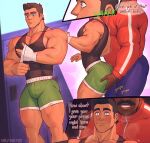  2boys artist_name ass bandaged_hand bandages bara black_hair black_tank_top blue_pants blush closed_mouth dark-skinned_male dark_skin english_text f_con facial_hair green_shorts groping hand_on_another&#039;s_ass highres interracial jacket large_pectorals little_mac male_focus multiple_boys muscular muscular_male mustache nervous_smile nervous_sweating pants pectoral_cleavage pectorals punch-out!! red_jacket sexual_harassment short_hair shorts sidepec smile sweat tank_top thick_lips thick_mustache thick_thighs thighs v-taper white_tank_top yaoi 