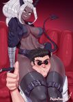  1boy 1girl black_footwear black_hair breasts demon demon_girl demon_horns demon_tail grey_eyes head_between_thighs helltaker helltaker_(character) highres horns judgement_(helltaker) metal_gloves navel pashapencil round_eyewear sitting smile sunglasses tail thighs white_hair 