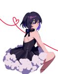  1girl absurdres backless_dress backless_outfit bare_arms bare_shoulders black_bow black_dress blue_eyes bow closed_mouth cropped_legs dress from_behind hair_between_eyes heterochromia highres honkai_(series) honkai_impact_3rd mararu multicolored_hair purple_hair red_eyes seele_vollerei signature simple_background solo thick_eyebrows two-tone_hair white_background 