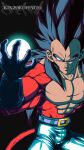  1boy abs absurdres bare_pectorals black_hair blue_eyes body_fur cel_shading denim dragon_ball dragon_ball_gt energy_ball gloves highres jeans kinzokumatto long_hair looking_at_viewer monkey_boy monkey_tail pants pectorals red_fur smile solo spiked_hair super_saiyan super_saiyan_4 tail topless_male vegeta white_gloves 