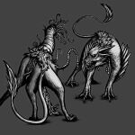  4_ears angry anthro avali black_eyes canid canine canis creepy domestic_dog feathered_wings feathers feral hi_res male mammal monochrome monster multi_ear open_mouth parasite scary scary_face simple_background solo teeth tiskanomicon vodim winged_arms wings 