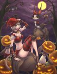  1girl absurdres avatar_(ff11) bare_tree bat_(animal) black_socks blonde_hair blue_eyes breasts brown_tail cactus41747280 cait_sith_(ff11) cat cat_girl cat_tail cleavage final_fantasy final_fantasy_xi full_moon halloween hat highres jack-o&#039;-lantern mandragora_(final_fantasy) medium_breasts midriff mithra_(ff11) moon navel open_mouth pumpkin red_headwear short_hair sitting smile socks striped tail toeless_footwear tree witch_hat 