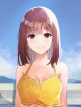  1girl bare_arms bare_shoulders blue_sky brown_eyes brown_hair closed_mouth crop_top feet_out_of_frame happy highres looking_at_viewer medium_hair original reyn_77a shirt sky sleeveless sleeveless_shirt smile summer 