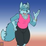  1:1 anthro bracelet canid canine canis clothing dipstick_tail female foxenawolf fur gloves_(marking) gradient_background green_body green_fur hair jewelry mammal markings open_mouth shirt simple_background solo tail tail_markings tank_top teal_hair teal_nose topwear wolf 
