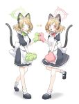  2girls animal_ear_headphones animal_ears animal_hands ankle_cuffs apron back_bow black_footwear blue_archive blush bow bowtie cat_ear_headphones fake_animal_ears fake_tail fang full_body gloves green_bow green_bowtie green_eyes halo headphones highres looking_at_viewer maid_apron maid_headdress mary_janes midori_(blue_archive) midori_(maid)_(blue_archive) momoi_(blue_archive) momoi_(maid)_(blue_archive) multiple_girls open_mouth paw_gloves pink_bow pink_bowtie pink_eyes sentouryoku_5 shoes siblings simple_background sisters sketch skin_fang socks tail twins white_background white_socks 