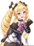  1girl absurdres artist_name black_gloves black_ribbon blonde_hair drill_hair elise_(fire_emblem) fire_emblem fire_emblem_fates flower gloves hair_ribbon highres long_hair looking_at_viewer lower_teeth_only open_mouth pink_ribbon purple_eyes ribbon ryo-suzuki smile solo teeth twin_drills twintails very_long_hair white_background white_flower 
