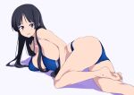  1girl aged_up akiyama_mio ass barefoot bikini black_eyes black_hair blue_bikini blush breasts coveredcore feet foot_out_of_frame highres hime_cut k-on! large_breasts legs long_hair looking_at_viewer lying on_side open_mouth shiny_skin soles solo swimsuit toes white_background 