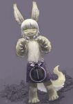  1other @_@ alternate_costume androgynous animal_ears animal_feet apron body_fur bondrewd brown_fur cartridge_(made_in_abyss) character_print chiyo_maru commentary_request dutch_angle full_body furry highres looking_at_viewer made_in_abyss monochrome_background nanachi_(made_in_abyss) parted_lips pile print_apron purple_apron short_hair signature solo standing tail teeth text_print topless triangle_mouth waist_apron whiskers white_hair yellow_eyes 
