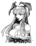  1girl breasts cleavage clothing_cutout collarbone commentary etama_quomo fur_trim grey_hair greyscale hair_behind_ear head_wings heart_cutout large_breasts lipstick long_hair looking_at_viewer makeup monochrome morrigan_aensland off_shoulder portrait signature simple_background smile solo symbol-only_commentary vampire_(game) very_long_hair white_background wings 