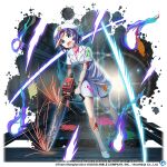  1girl alternate_costume beret blue_eyes breasts chainsaw cleavage commentary copyright_name dress english_commentary full_body game_cg hat hat_ornament holding holding_chainsaw lens_flare looking_at_viewer miyako_yoshika miyako_yoshika_(chainsaw_nurse) nurse open_mouth purple_hair rotte_(1109) sharp_teeth short_hair short_sleeves solo stain stained_clothes star_(symbol) star_hat_ornament teeth third-party_source touhou touhou_lost_word white_dress white_footwear white_headwear 