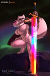  abs absurd_res albino armor aurora_(phenomenon) big_breasts black_sclera breasts canid canine canis dire_wolf female feretta fur hi_res looking_at_viewer mammal melee_weapon muscular muscular_female nude prydr red_eyes shield sky star starry_sky sword weapon white_body white_fur 