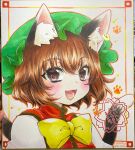  1girl :d animal_ear_fluff animal_ears blush botan_(03110709) bow bowtie brown_eyes brown_hair cat_ears cat_tail chen commentary_request dated earrings eyelashes fang hair_between_eyes happy hat highres jewelry looking_at_viewer mob_cap multiple_tails nekomata open_mouth photo_(medium) portrait red_vest shikishi short_hair simple_background single_earring skin_fang smile solo tail tongue touhou traditional_media two_tails upper_body vest white_background yellow_bow yellow_bowtie 
