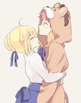  1boy 1girl 87banana ahoge animal_costume artoria_pendragon_(fate) blonde_hair blouse blue_bow blue_skirt bow braid brown_eyes closed_eyes couple emiya_shirou fate/stay_night fate_(series) french_braid hair_bow hair_bun hug lion_costume lion_hood red_hair saber shirt skirt smile white_shirt 