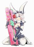  1girl absurdres ahoge animal_ears black_gloves blue_eyes bracelet breasts cleavage cleavage_cutout clothing_cutout clover collar elphelt_valentine fingerless_gloves flower four-leaf_clover gloves guilty_gear guilty_gear_xrd gun hairband highres holding holding_gun holding_weapon huge_ahoge jewelry large_breasts looking_at_viewer medium_hair open_mouth red_flower red_rose rose spiked_bracelet spiked_collar spiked_hairband spikes uncleduk weapon white_hair 