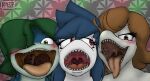  anthro blue_hair bottlenose_dolphin brown_hair carpet_shark cetacean dolphin female fish green_eyes green_hair group gum-k hair mammal marine mouth_shot oceanic_dolphin open_mouth red_eyes shark tongue tongue_out toothed_whale trio uvula whale_shark 