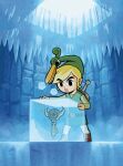  1boy belt blonde_hair brown_belt ezlo green_headwear green_tunic highres ice ice_cube indoors key link official_art open_mouth pointy_ears short_hair solo sword sword_on_back the_legend_of_zelda the_legend_of_zelda:_the_minish_cap weapon weapon_on_back 