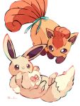  :d animal_focus artist_name blue_bow blue_bowtie bow bowtie brown_fur commentary_request dot_nose eevee hanabusaoekaki highres multiple_tails no_humans orange_fur pawpads pink_bow pink_bowtie pokemon pokemon_(creature) simple_background smile solid_circle_eyes solid_oval_eyes tail vulpix white_background 