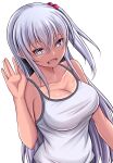  1girl absurdres bare_arms breasts cleavage collarbone commentary_request fang grey_eyes grey_hair hair_between_eyes hair_bobbles hair_ornament highres kanna_(minamozuki) large_breasts long_hair looking_at_viewer open_mouth original sidelocks simple_background smile standing tan tank_top tanlines very_long_hair waving white_background white_tank_top 