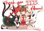  3girls absurdres animal_ear_fluff animal_ears asakura_haru bare_legs barefoot black_bow black_footwear bow breasts brown_eyes brown_hair cat_ears cat_girl cat_tail chen commentary_request double_v dress earrings goutokuji_mike green_dress hair_bow hair_ribbon hand_up hands_up highres jewelry juliet_sleeves kaenbyou_rin light_blush light_smile long_sleeves looking_at_viewer multicolored_hair multiple_girls multiple_tails nekomata no_socks orange_eyes puffy_sleeves red_hair ribbon seiza shadow short_hair single_earring sitting slit_pupils small_breasts straight-on streaked_hair tail toes touhou tress_ribbon two_tails v yuri 